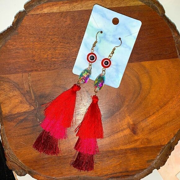 Red Evil Eye Tassel Fringe Statement Earrings - Picture 3 of 6